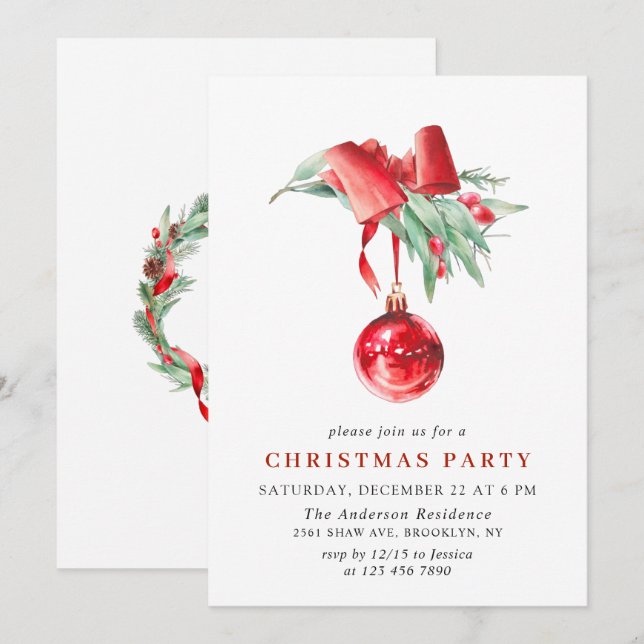Watercolor Ornament Christmas Holiday Party Invitation (Front/Back)