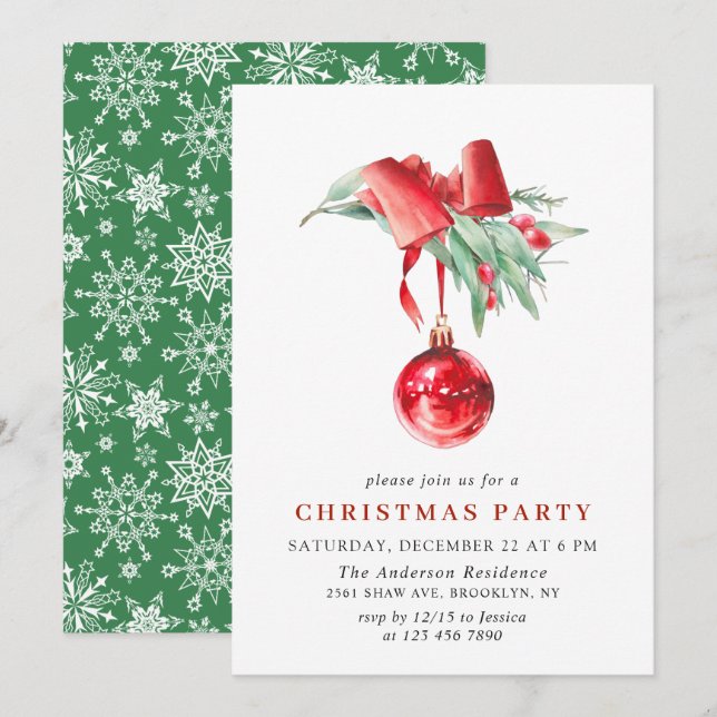 Watercolor Ornament Christmas Holiday Party Invitation (Front/Back)
