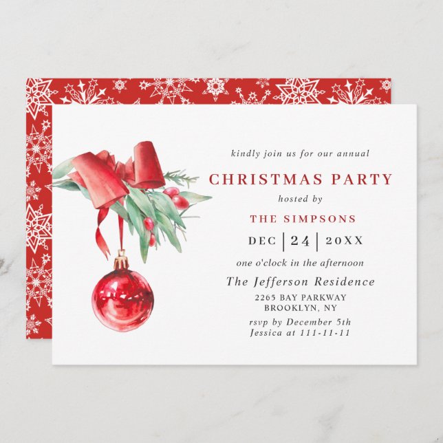Watercolor Ornament Christmas Holiday Party Invitation (Front/Back)