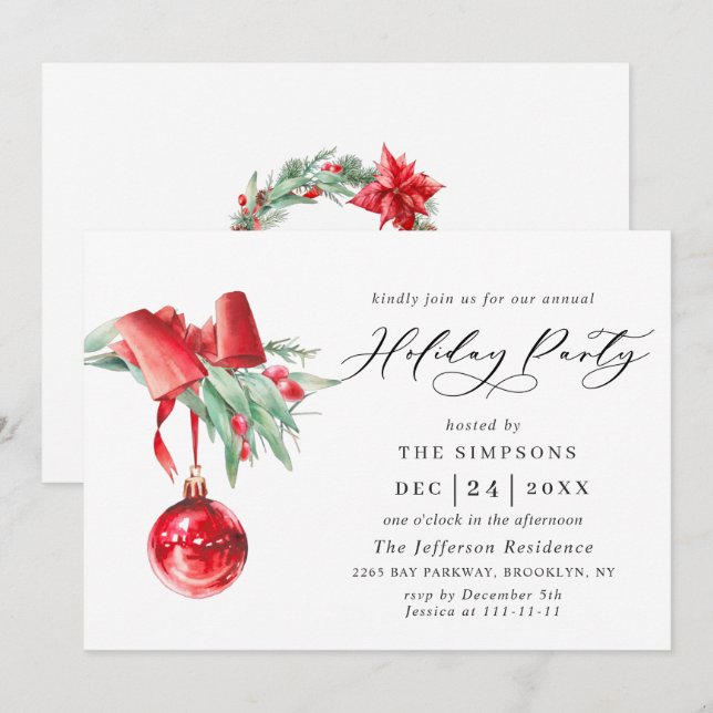 Watercolor Ornament Christmas Holiday Party Invitation (Front/Back)