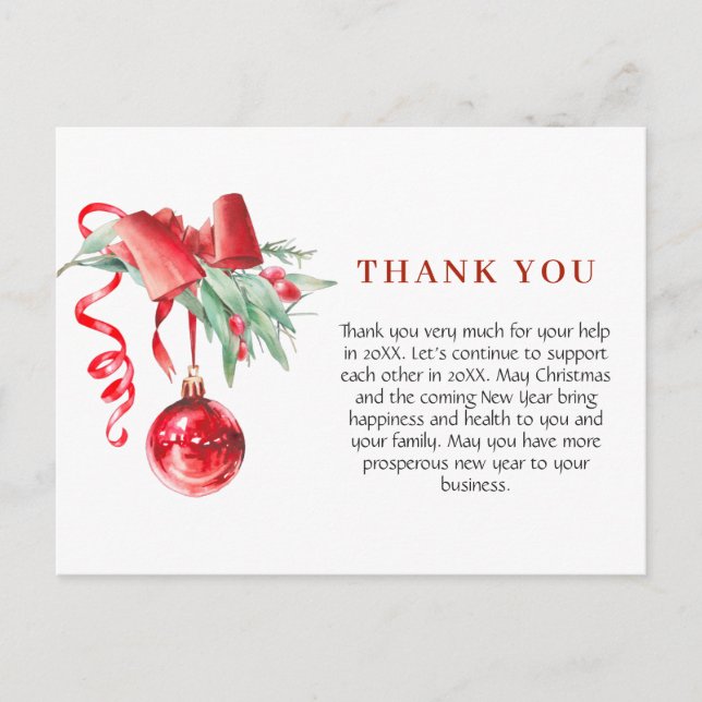 Watercolor Ornament Christmas Holiday Thank You Postcard (Front)
