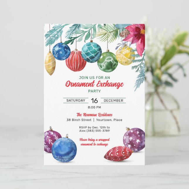 Watercolor Ornament Exchange Christmas Party Invitation (Standing Front)