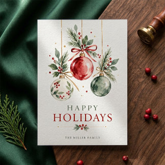 Watercolor Ornament Happy Holidays Christmas Holiday Card