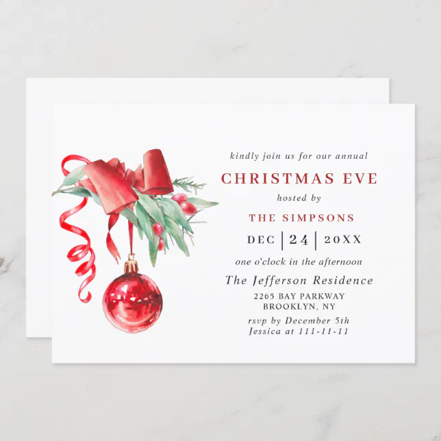 Watercolor Ornament Holiday CHRISTMAS EVE Invitation Zazzle