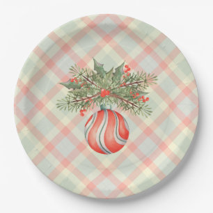 Watercolor ornament on a custom Christmas plaid Paper Plates