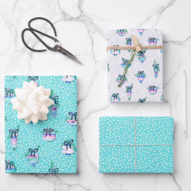 Watercolor Ornaments Aqua Snow Polka Dot Wrapping Paper Sheets (Front)