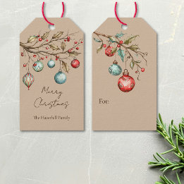 Watercolor Ornaments Christmas Elegant Script Gift Tags