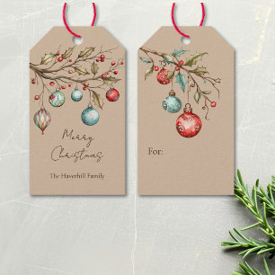 Watercolor Ornaments Christmas Elegant Script Gift Tags