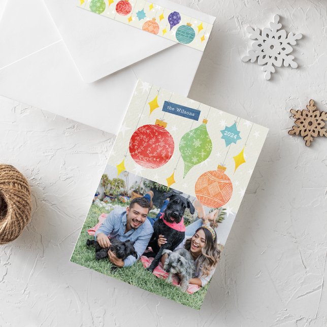 Watercolor Ornaments Christmas Holiday Two Photo Card (Colorful and bright watercolor Christmas tree ornaments holiday photo card)