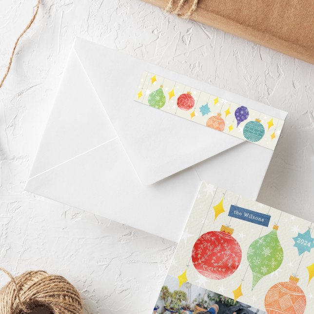 Watercolor Ornaments Christmas Holiday Wrap Around Label (Colorful bright watercolor Christmas tree ornaments holiday card wrap around return address label)