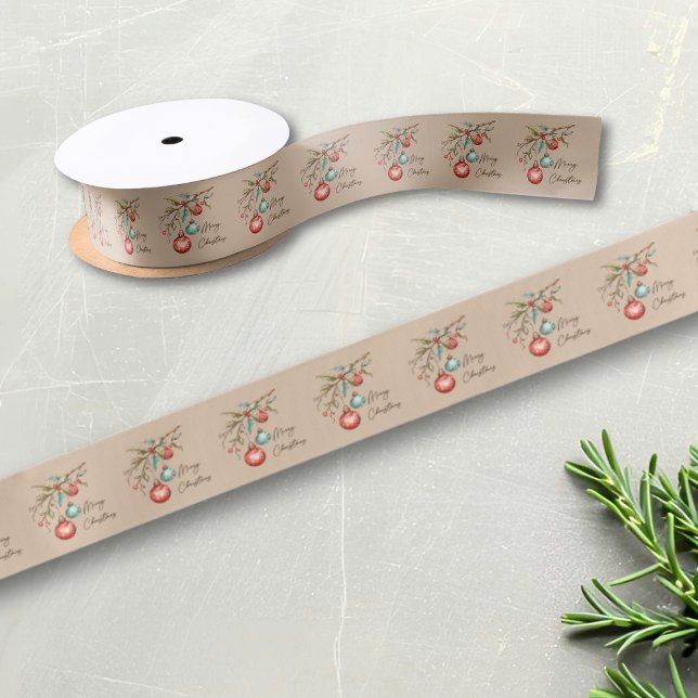 Watercolor Ornaments Elegant Merry Christmas Satin Ribbon (Watercolor ornaments on beige background, Christmas ribbon.)