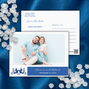 WATERCOLOR OTOMI BIRDS - NAVY Save the date Postcard