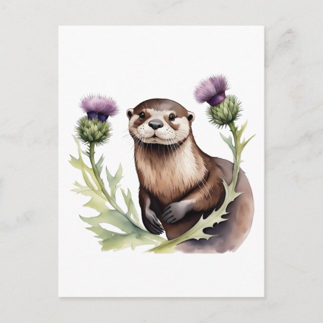 Watercolor Otter and Thistles Postcard (Front)