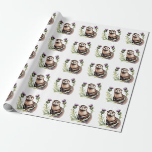 Watercolor Otter and Thistles Wrapping Paper