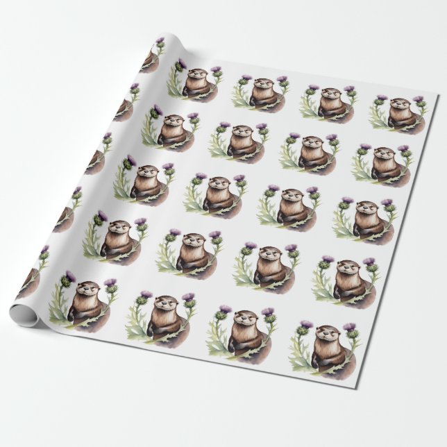 Watercolor Otter and Thistles Wrapping Paper (Unrolled)