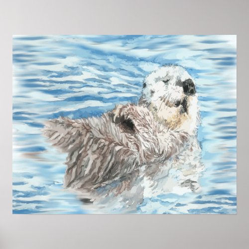 Watercolor Otter Animal relaxing in the water Poster