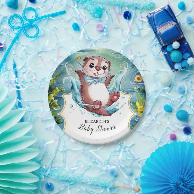 Watercolor Otter Baby Shower Paper Plates (Party)