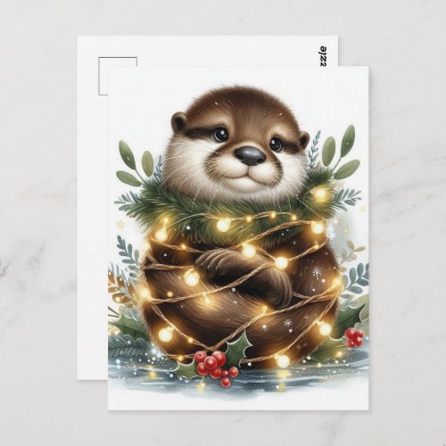 Watercolor Otter Christmas Lights Postcard