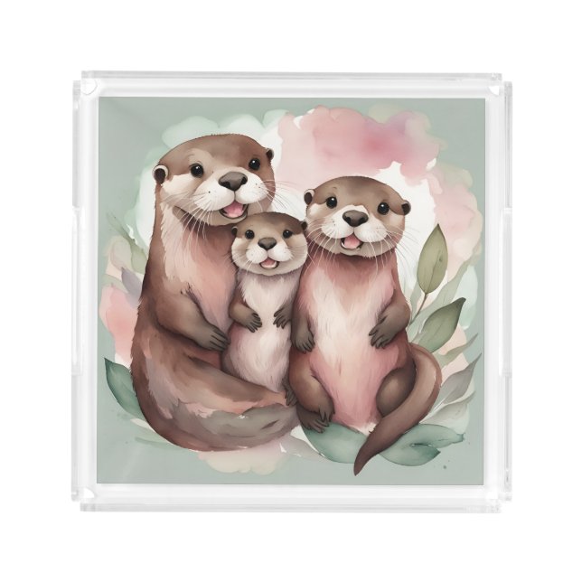 Watercolor Otter Family Acrylic Tray (Front)