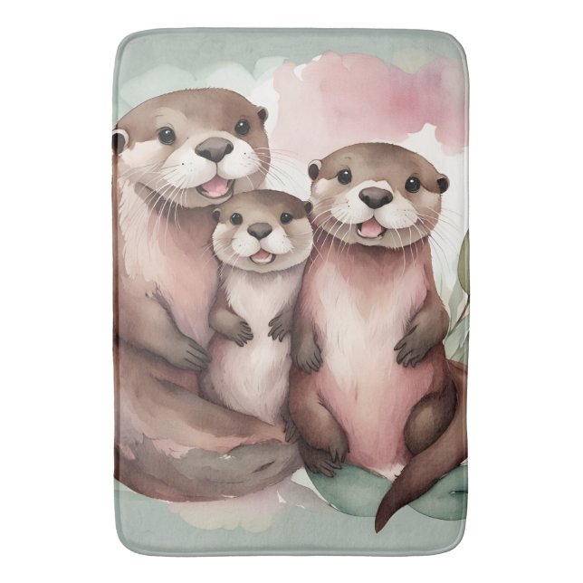 Watercolor Otter Family Bath Mat (Front Vertical)