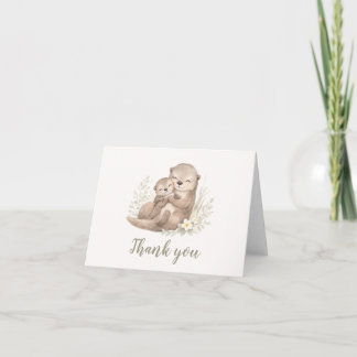 Watercolor Otter Family Botanical Baby Shower Letterpress Thank You Card