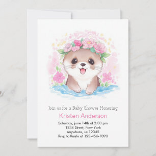 Watercolor Otter's Charm Girl Baby Shower Invitation