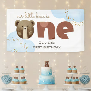 Watercolor our little bear is one baby birthday banner