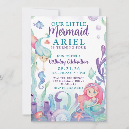 Watercolor Our Little Mermaid Birthday Invitation