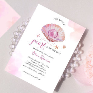 Watercolor Our Little Pearl Girl Baby Shower Invitation