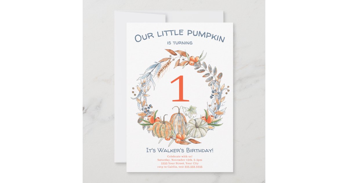 Watercolor Our Little Pumpkin Blue First Birthday Invitation | Zazzle
