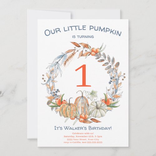 Watercolor Our Little Pumpkin Blue First Birthday  Invitation
