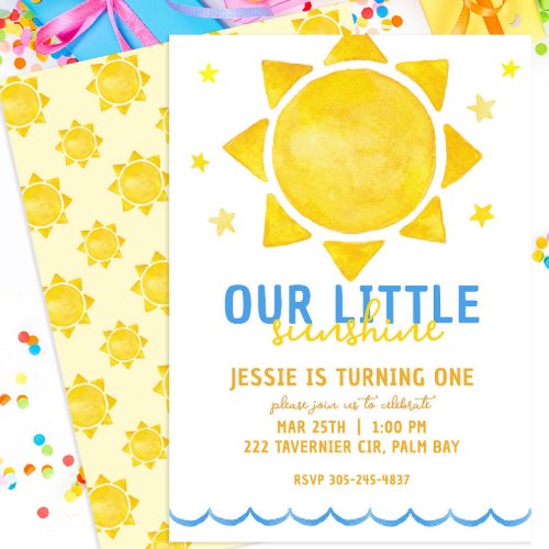 Watercolor Our Little Sunshine 1st Birthday Party  Invitation