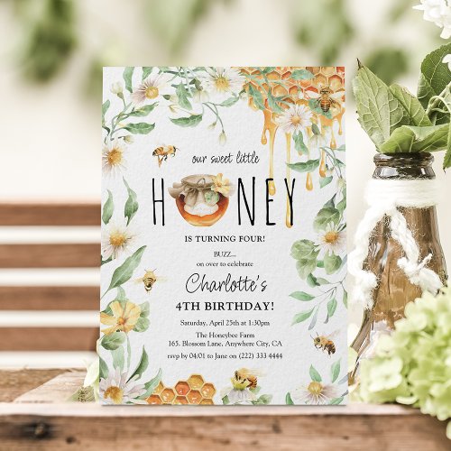 Watercolor Our Sweet Honey Bee Kids Birthday Party Invitation