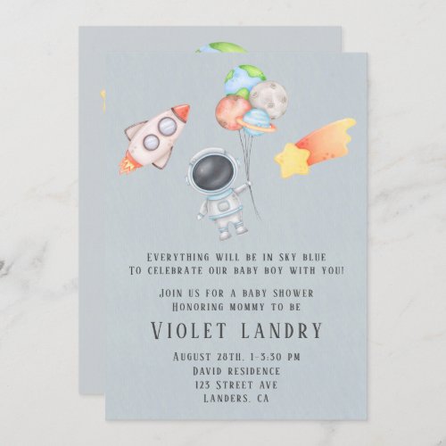 Watercolor Outer Space Astronaut Boy Baby Shower I Invitation