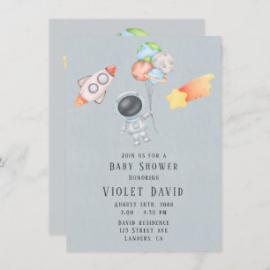 Watercolor Outer Space Astronaut Boy Baby Shower Invitation