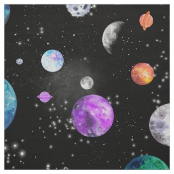 Watercolor Outer Space Planets Galaxy Fabric by LilPartyPlanners at Zazzle