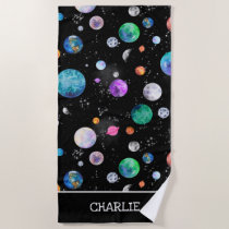 Watercolor Outer Space Planets Personalized Galaxy Beach Towel