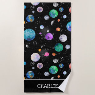 Watercolor Outer Space Planets Personalized Galaxy Beach Towel