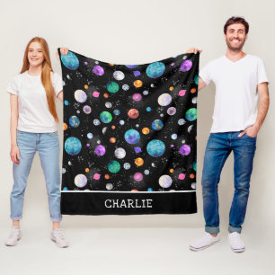 Watercolor Outer Space Planets Personalized Galaxy Fleece Blanket