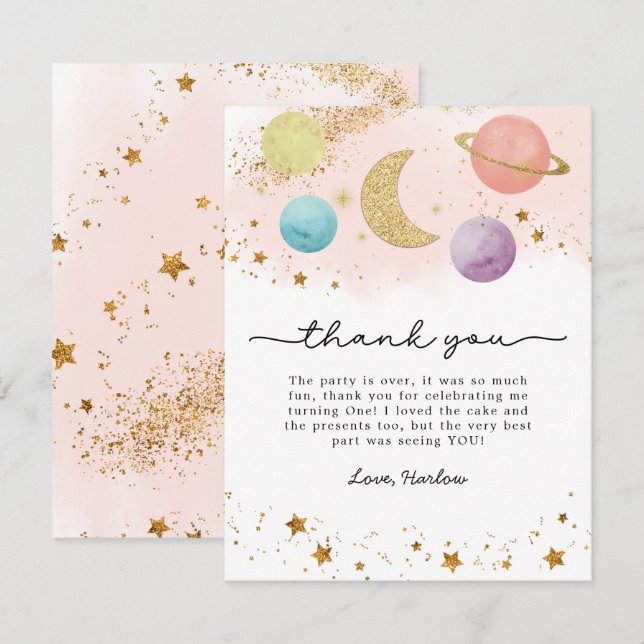 Watercolor Outer Space Two the Moon Thank You Card (Front/Back)