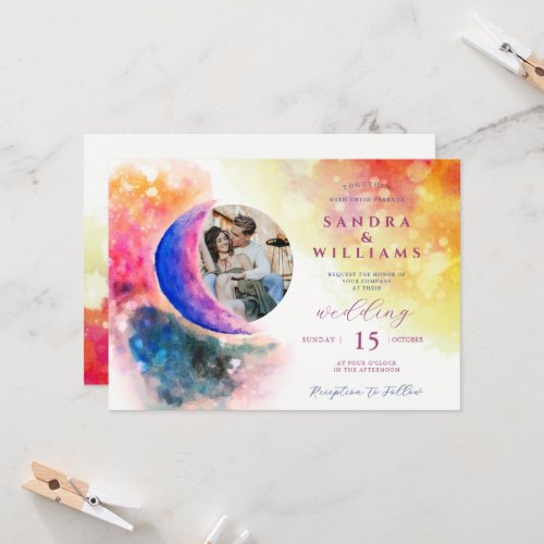 Watercolor Over Moon Couple Photo Ombre Wedding Invitation