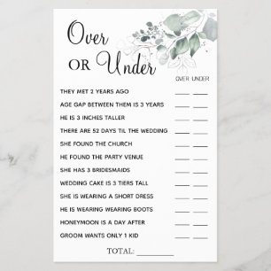 Watercolor Over or Under Bridal shower game card Flyer