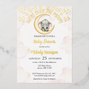 Watercolor Over the Moon Elephant Baby Shower Foil Invitation