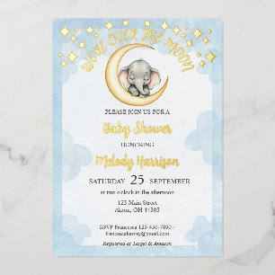 Watercolor Over the Moon Elephant Baby Shower Foil Invitation
