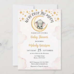 Watercolor Over the Moon Elephant Baby Shower Invitation