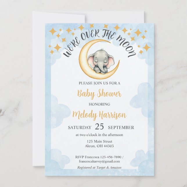 Watercolor Over the Moon Elephant Baby Shower  Invitation (Front)