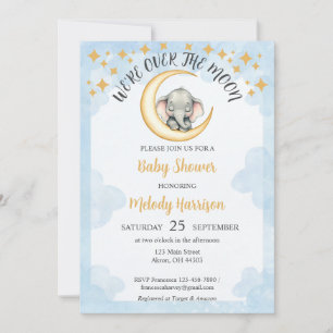 Watercolor Over the Moon Elephant Baby Shower Invitation