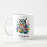 Watercolor Owl and Colorful Flowers Coffee Mug<br><div class="desc">An owl with delicate colorful flowers,  painted in soft watercolor hues.</div>