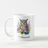 Watercolor Owl and Colorful Flowers Coffee Mug