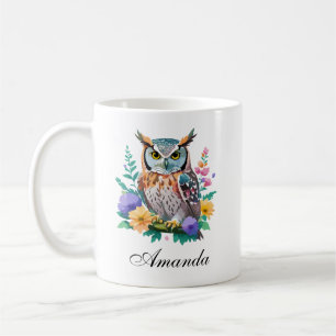 Watercolor Owl and Colorful Flowers Coffee Mug